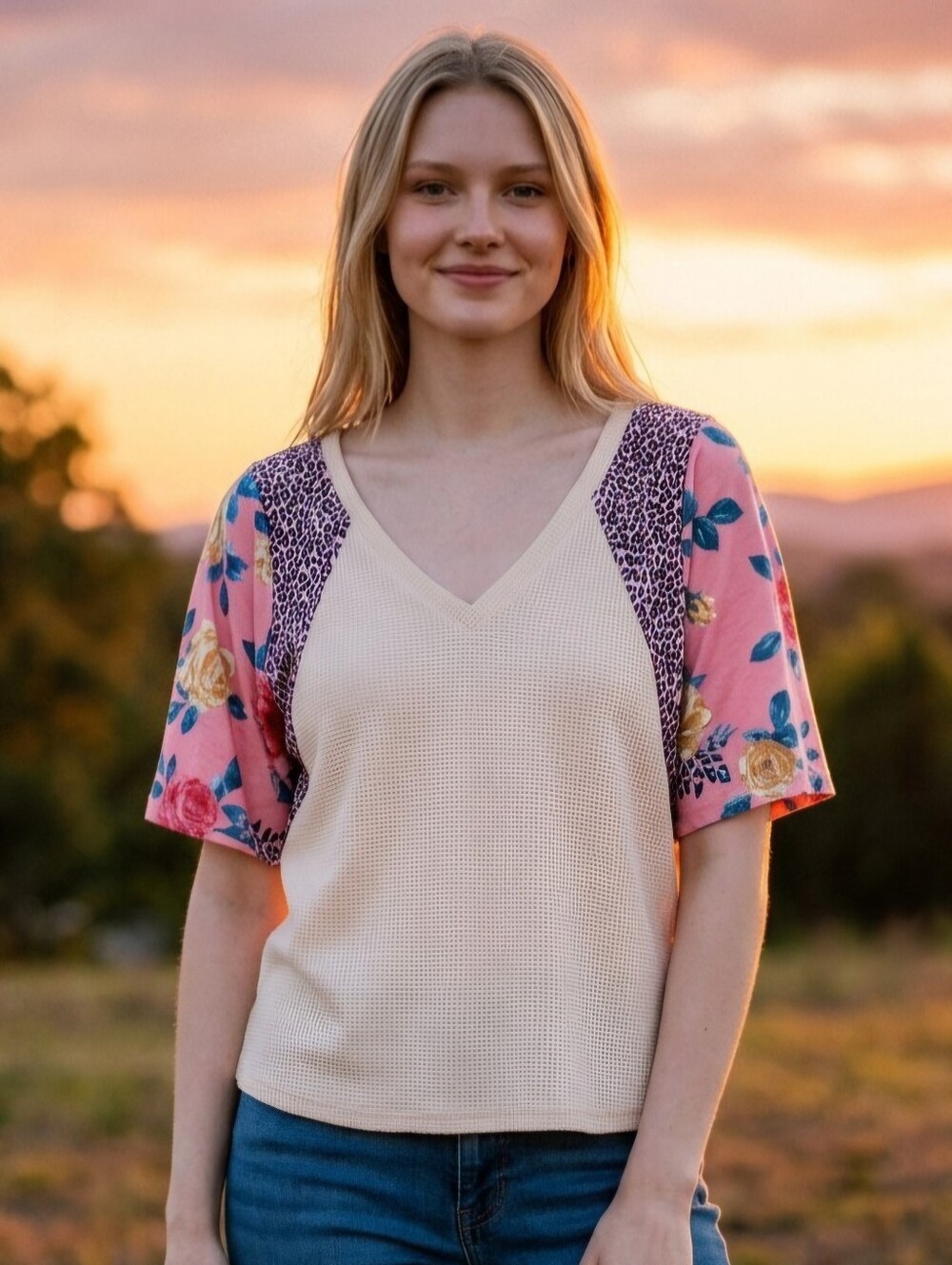 Waffle Floral/Leopard Sleeve Top By C+D+M Collection